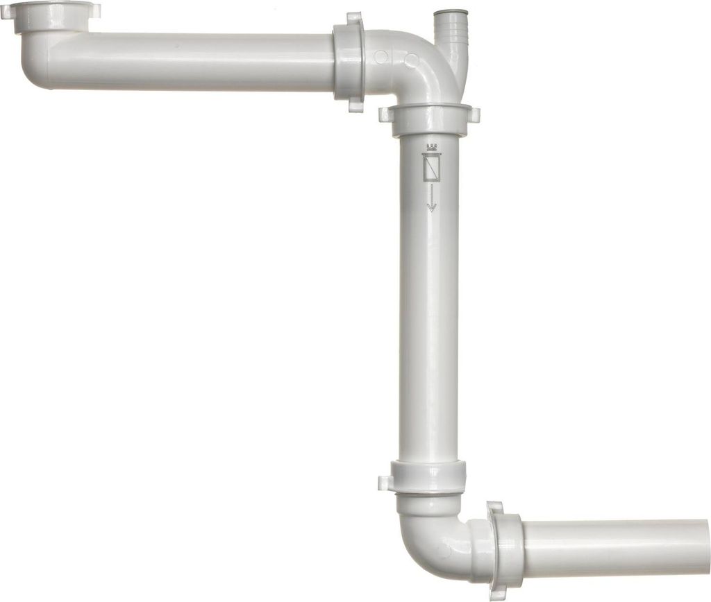 A white plastic plumbing trap assembly, also known as a P-trap or S-trap, designed to prevent sewer gases from entering a building. It has a compact, space-saving design.