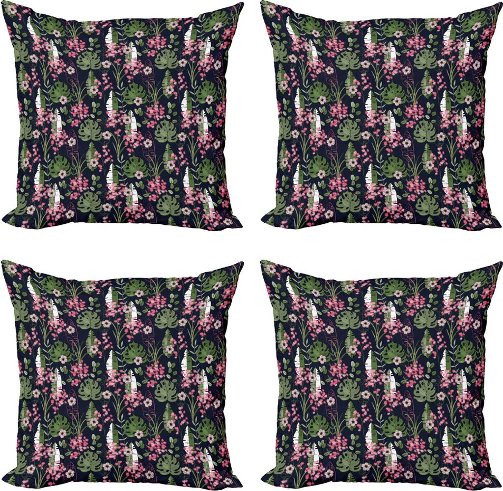 ABAKUHAUS Hawaii Kissenbezug Set (4 Stück), Palmblätter Blumen, Moderner Doppelseitiger Digitaldruck, 60 cm x 60 cm, Olivgrün Pale Pink