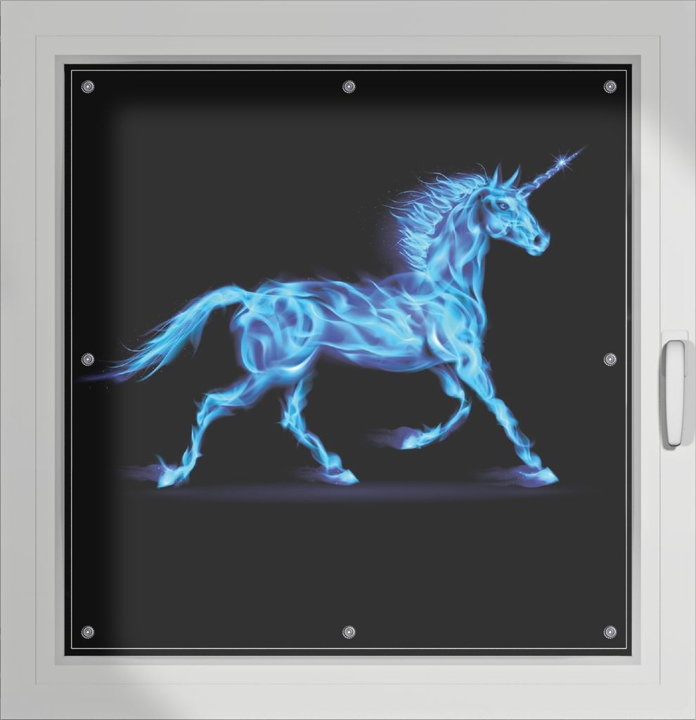 Wallario Lichtschutzbild, Dekorativer Sichtschutz Sonnenschutz 96 x 100 cm mit Motiv: Design Einhorn - aus blauen Flammen - Verdunklung ohne Bohren