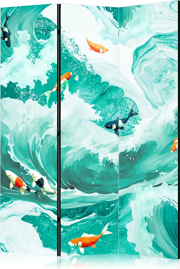 3-teiliger Einseitiger Vlies Paravent - Koi Fish Among Waves - Japanese Fish Among Waves in Shades of Turquoise And White 135x172 cm Tiere g-C-1014...