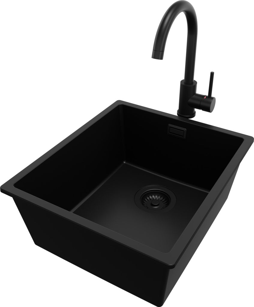 PRIMAGRAN Granitspüle Alles Schwarz 41x47cm, Spülbecken 1 Becken + Küchenarmatur 32x20cm + Ablauf-Set, Küchenspüle ab 45er Unterschrank - Lond...