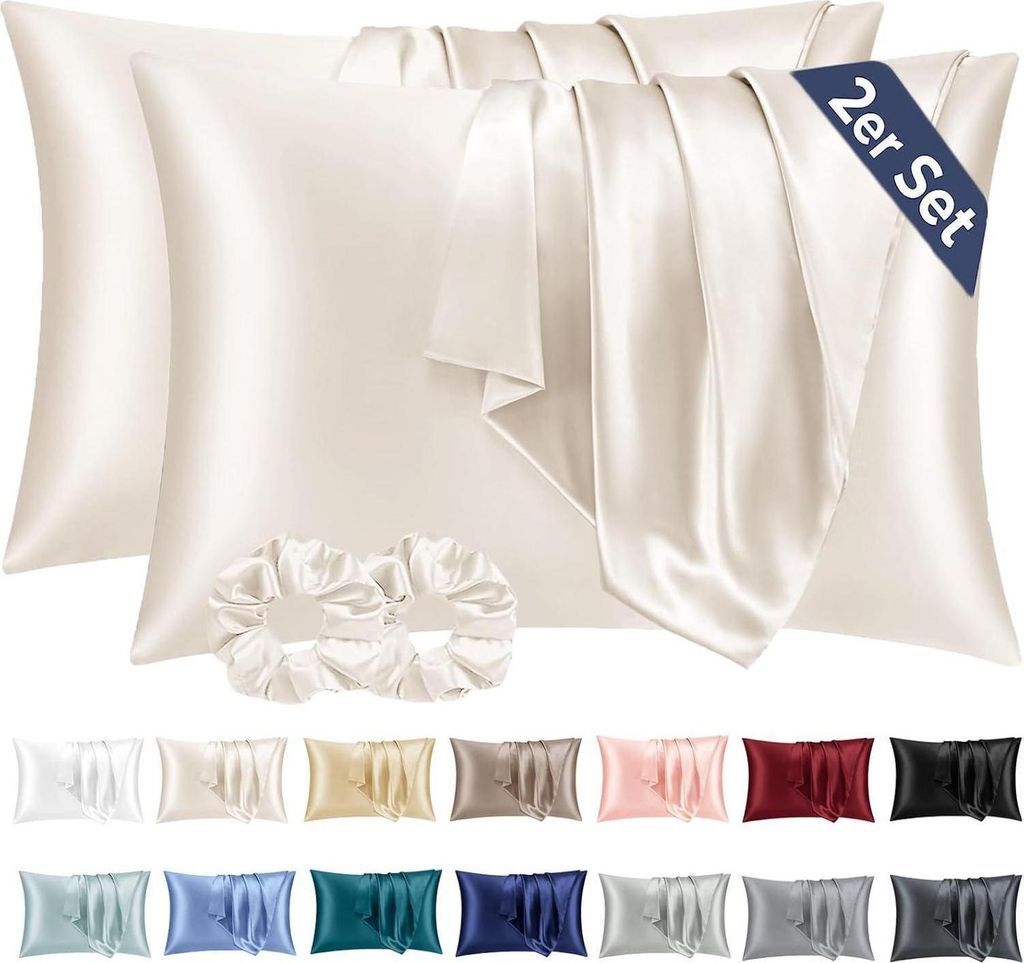 Satin Kissenbezug 2er Set 40x80cm Beige mit Haargummis Produktbild 