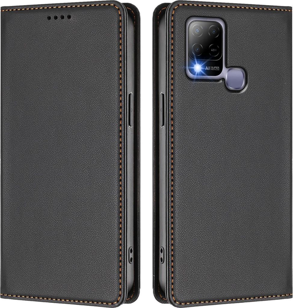 Handyhülle für Infinix Hot 10T / Hot 10S, Kunstleder Klapphülle Stoßfeste Magnetische Hülle mit Ständer Schwarz