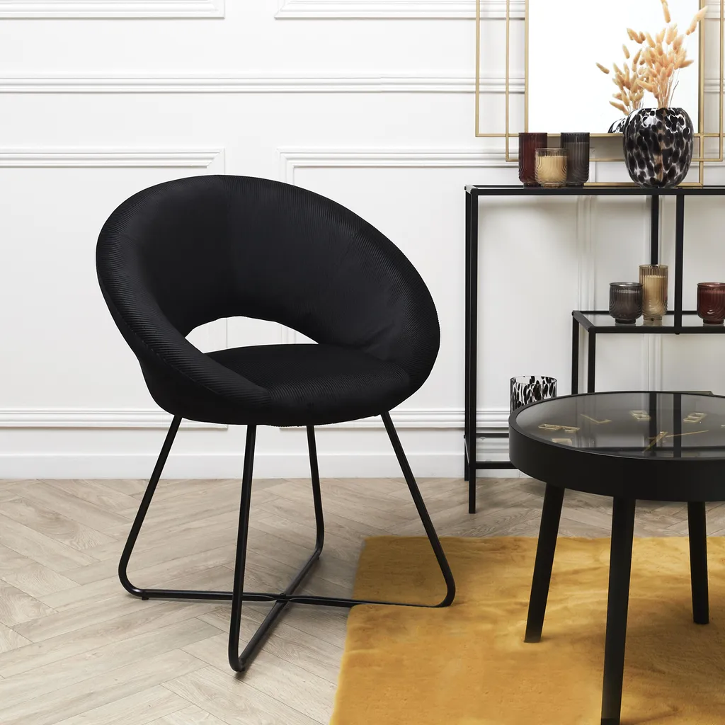 Fauteuil Giulia Velours Noir - Texture Côtelée et Assise Ronde Moelleuse