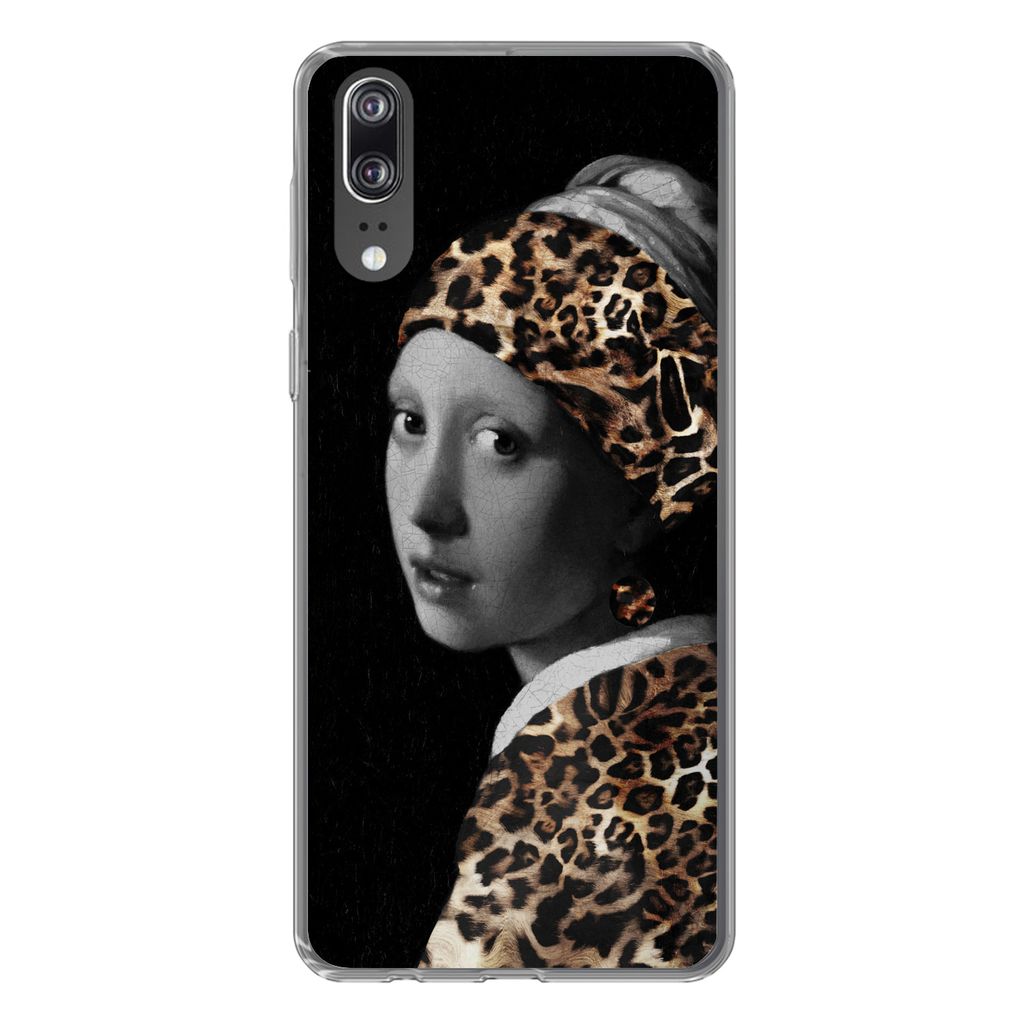 MuchoWow Handyhülle Schutzhülle Hülle für Huawei P20 Das Mädchen mit dem Perlenohrring - Pantherdruck - Vermeer Silikon Softcase Handy Hüll...