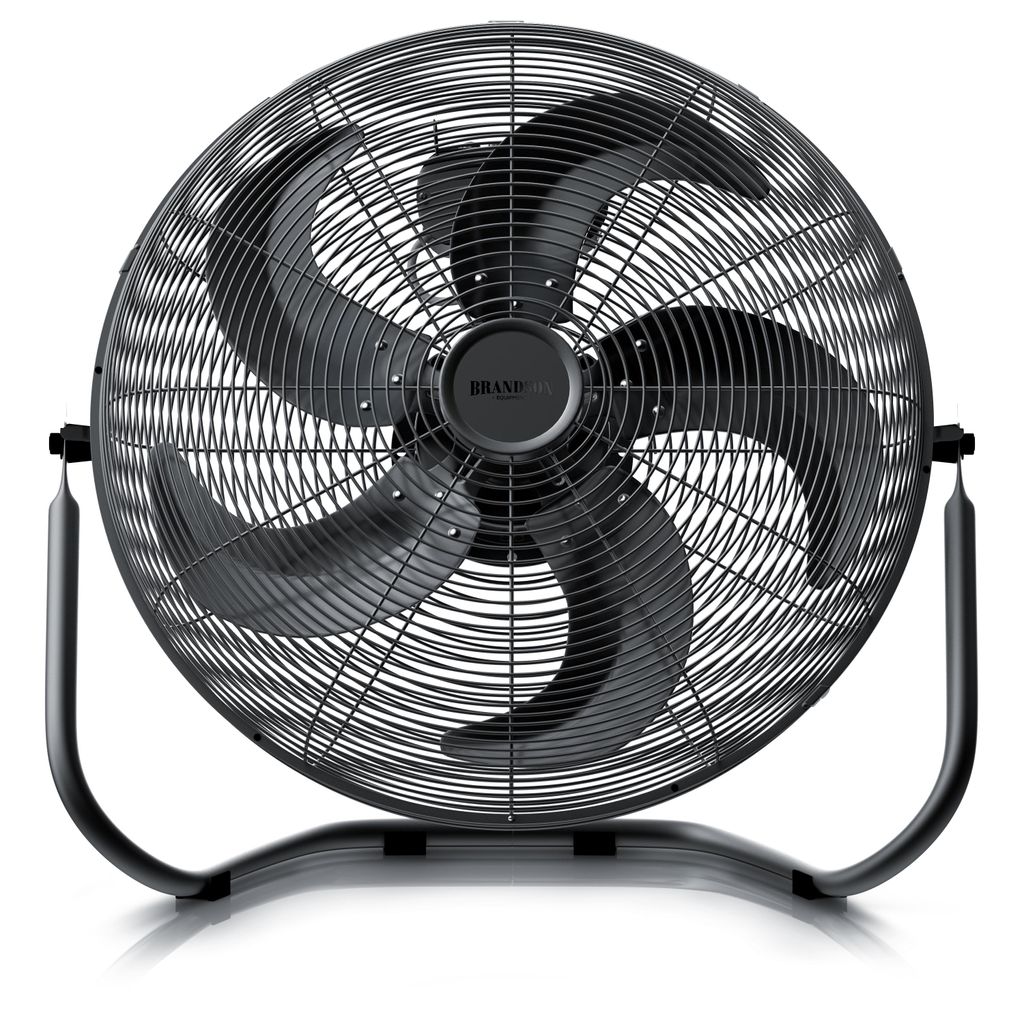 A black floor fan with a retro style is shown against a white background.