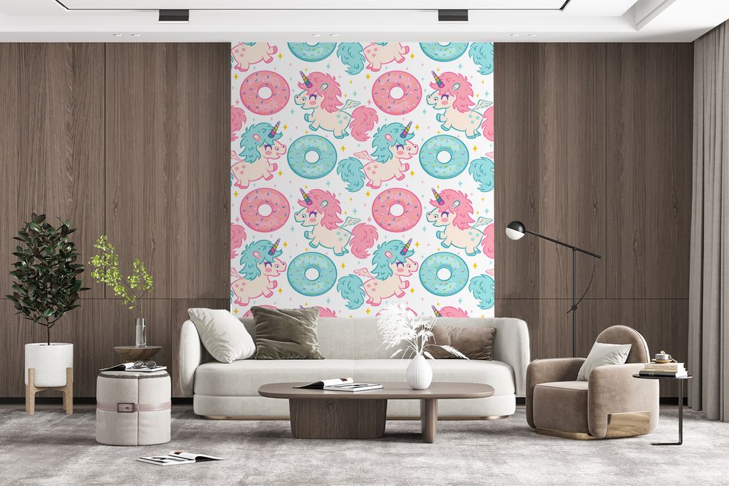 MuchoWow Fototapete für Wohnzimmer oder Schlafzimmer Wandtapete Vinyl Motivtapete Einhorn - Donut - Baby - 195x260 cm - Wandbild