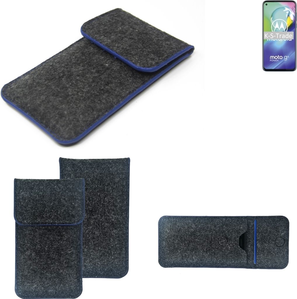 K-S-Trade Handy-Hülle Schutz-Hülle kompatibel mit Motorola Moto G8 Power Filztasche Pouch Tasche Case Sleeve Filzhülle dunkelgrau, blauer Rand