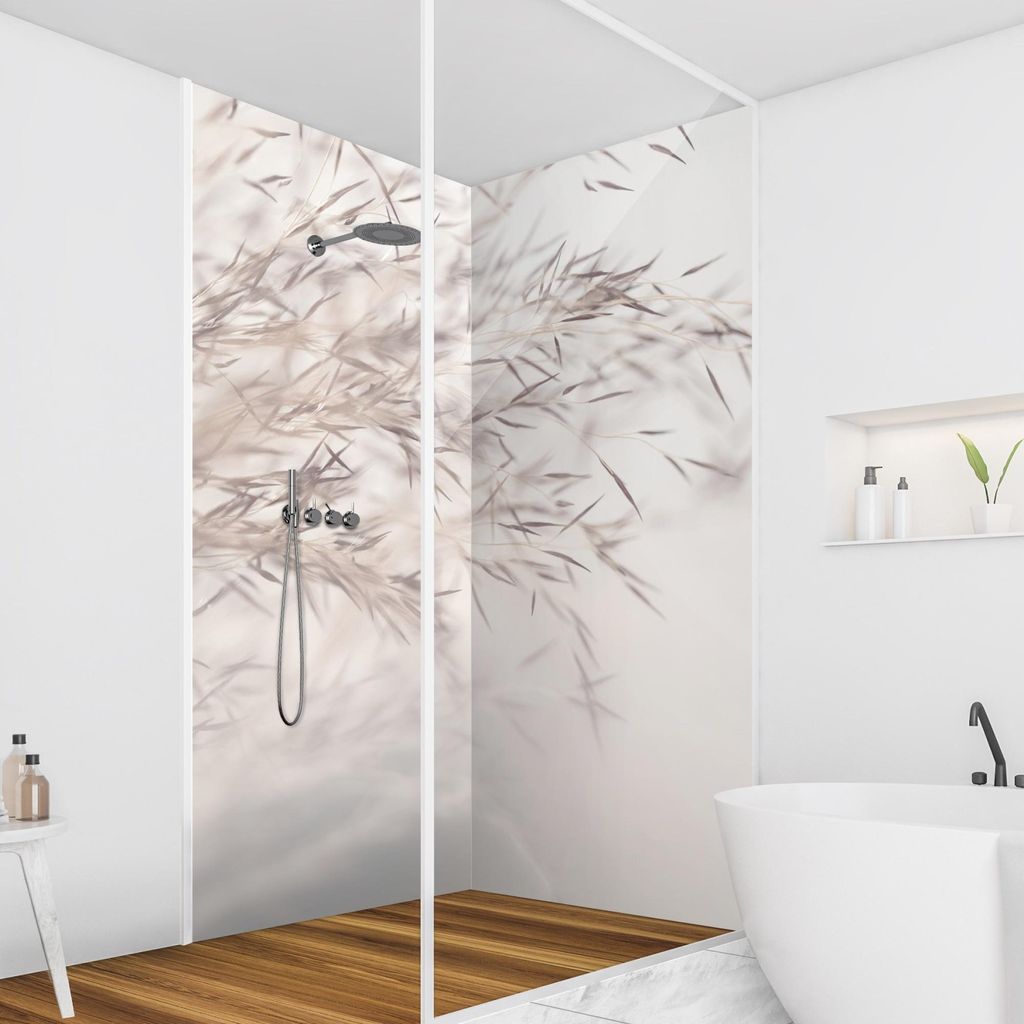Duschrückwand mit Motiv selbstklebend - 0.35 mm Wandpaneel wasserfest Gräser beige Landhaus Badrückwand fugenlos Smart matt 80x190 cm