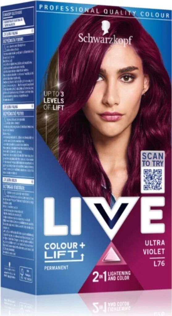 A box of Schwarzkopf LIVE Colour + Lift Permanent Hair Color, Ultra Violet shade.