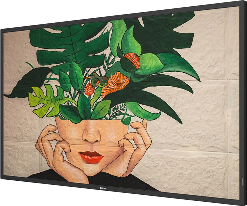 A digital signage display showing a stylized image of a woman's head with plants growing from it.