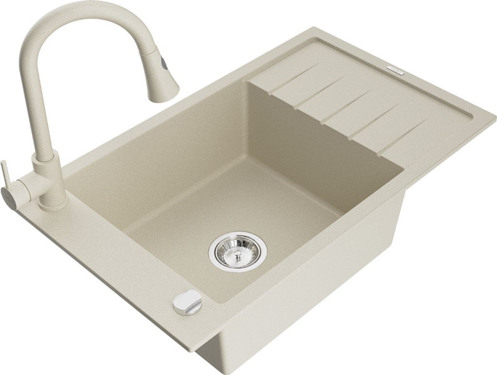 Mexen Elias 1 Becken-Granitspüle mit Abtropffläche und Mischbatterie Elia, Beige - 6511-69-670101-69