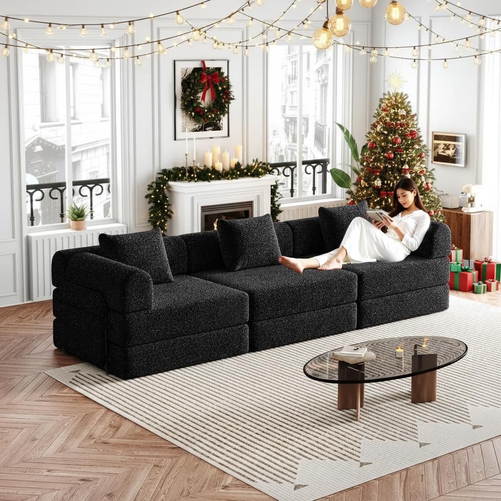 okwish 3-teiliges Set 2-in-1 Schlafsofa Loungesofa Relaxsofa mit Armlehnen und Ablagefach,Klappsofa Tagesbett mit drei Metallrahmen und rutschfest...