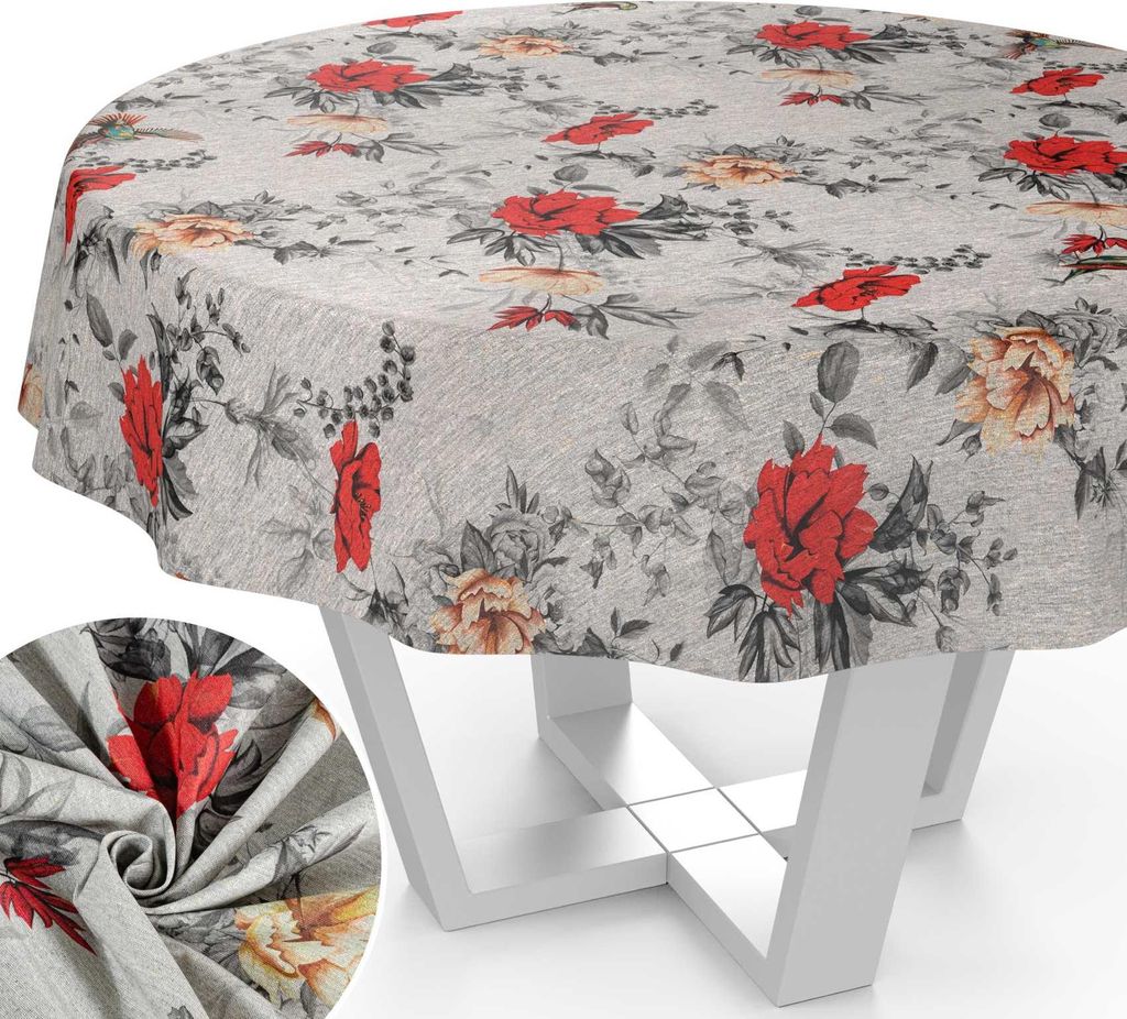 Tischdecke Wilde Rose aus Textil mit Blumen Pflanzen wasserabweisend Tischtuch Tischwäsche Aquarell Beige Rund 100cm mit Schnittkante