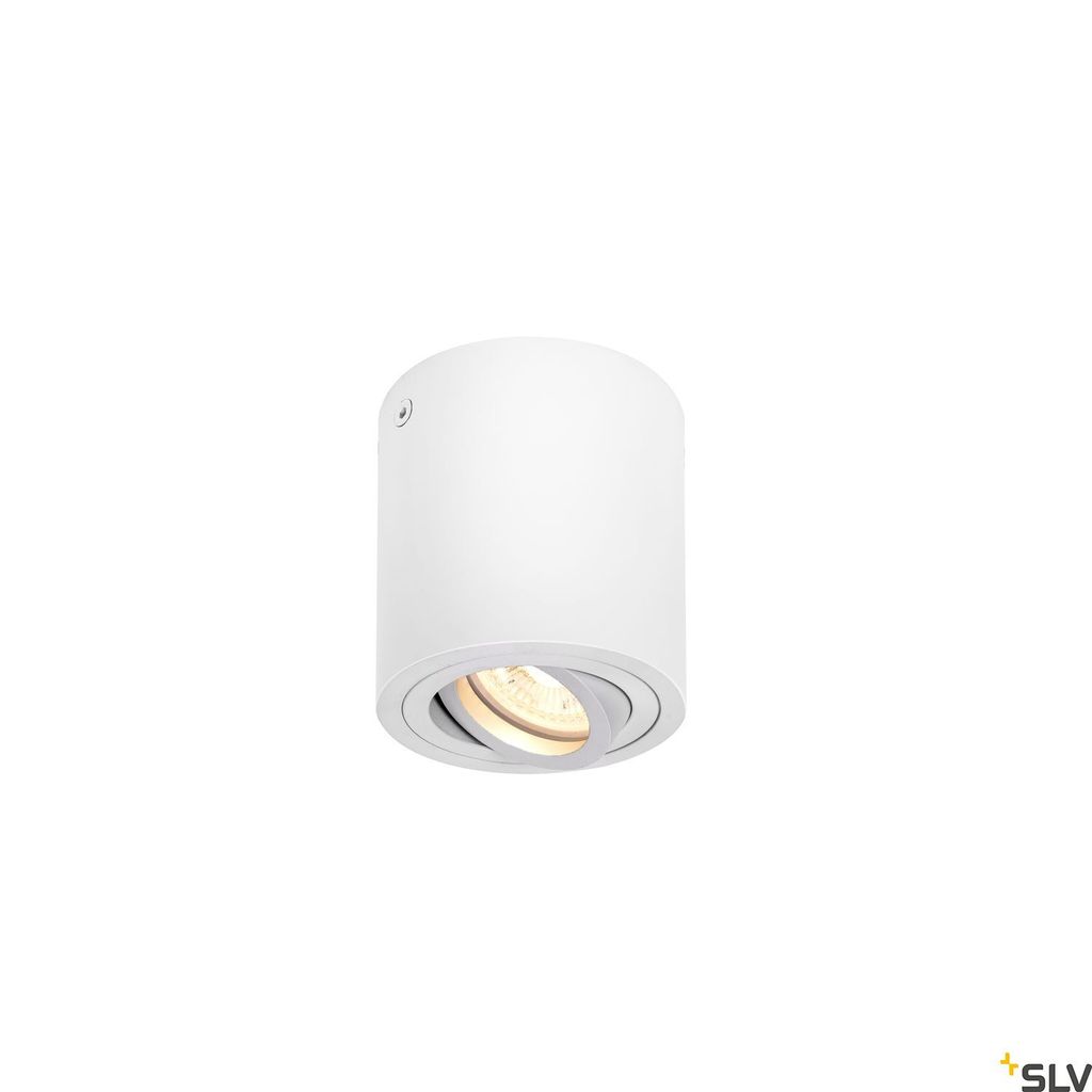 A white cylindrical ceiling light fixture with a visible light source.