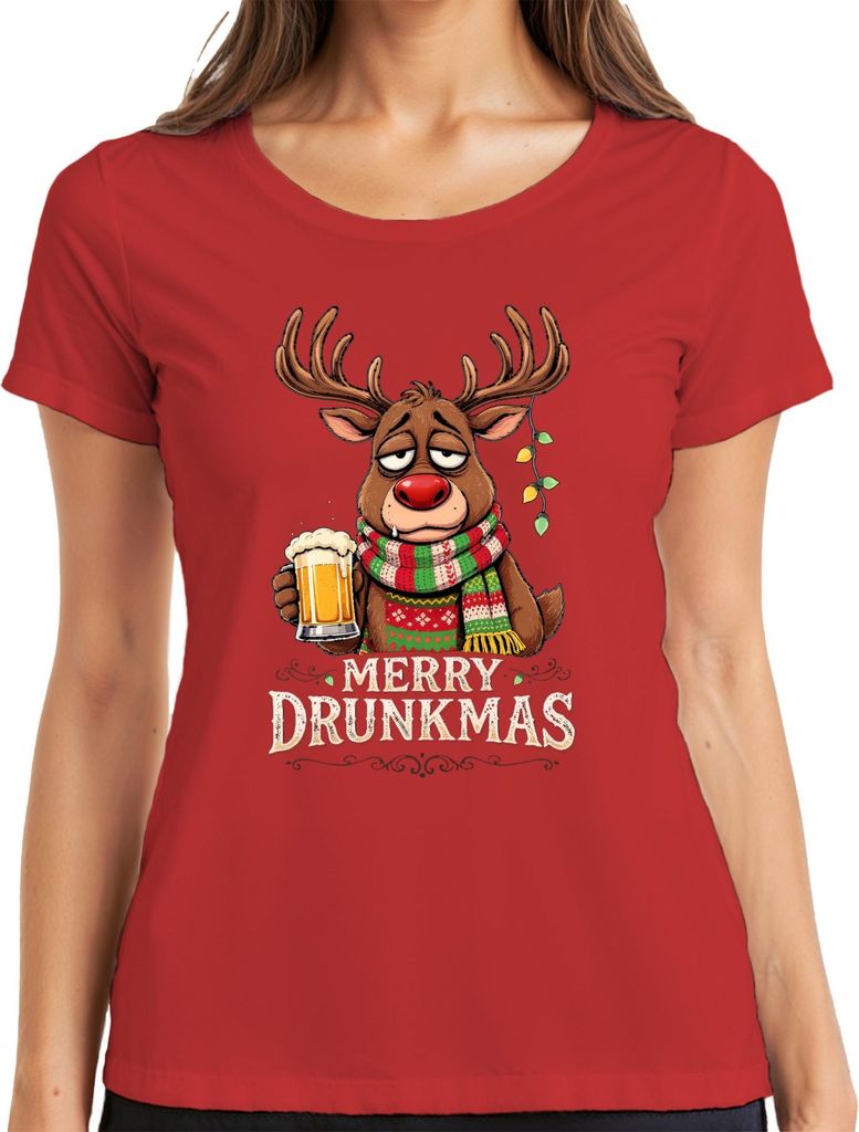 Merry Drunkmas Rentier Bier Weihnachten lustig Geschenk Retro Damen T-Shirt, Rot, M
