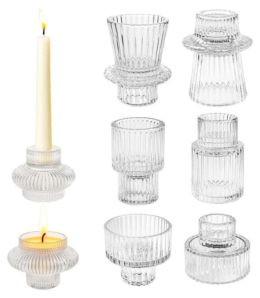 8-teiliges Set Doppelseitige Retro-Streifen Glas Kerzenhalter für Stabkerzen und Teelichter, Transparent