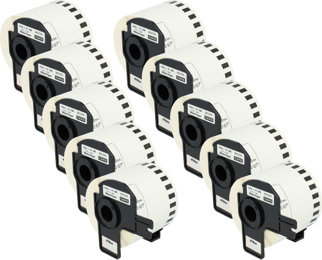 vhbw 10x Rolle mit Halter 62mm x 30,48m (1 Etikette) kompatibel mit Brother PT QL-710W, QL-720, QL-580N, QL-650, QL650TD, QL-700, QL-710 Drucker Weiß