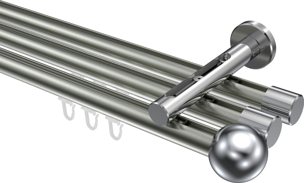 Interdeco Innenlaufstange / Gardinenstange mit Innenlauf Edelstahl-Optik / Chrom, Typ Siteno Luino (Kugel), 20 mm Ø 3-läufig, 100 cm