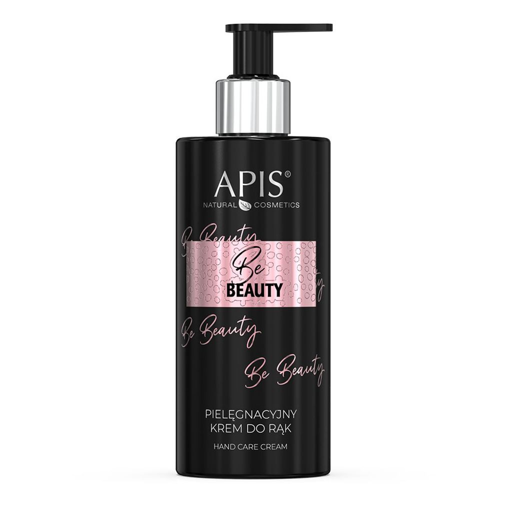 A black pump bottle of hand cream with pink and silver accents, set against a white background.