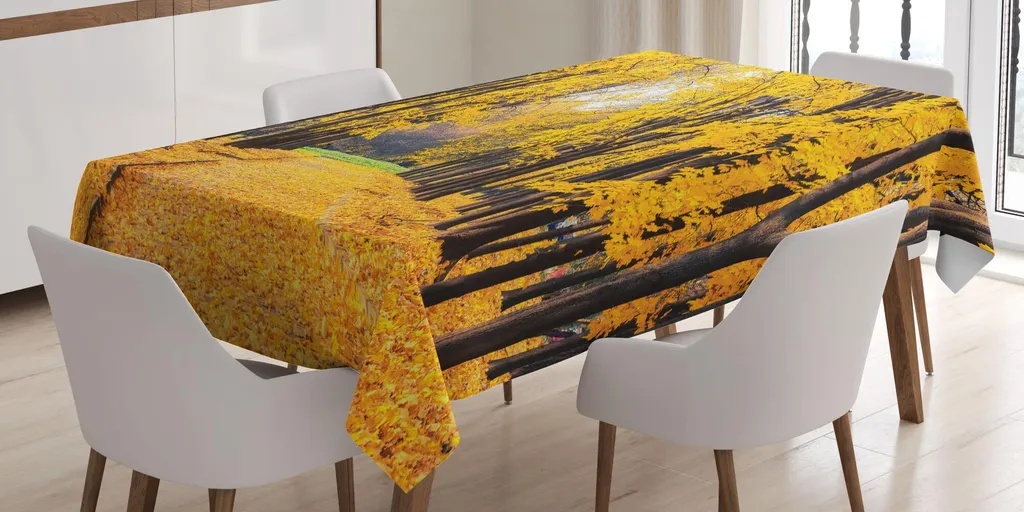 ABAKUHAUS Tovaglia naturale, autunno-stagione autunnale-albero-foglie secche-paesaggio su strada-sentiero-foto-grafica, 140 x 170 cm, giallo e verde