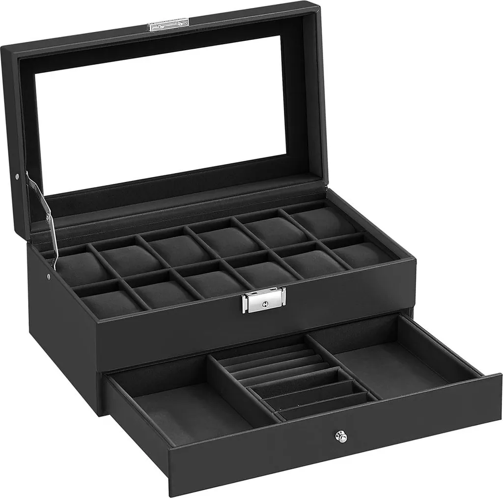 Présentoir montres design noir 2 niveaux avec vitrine en verre minéral