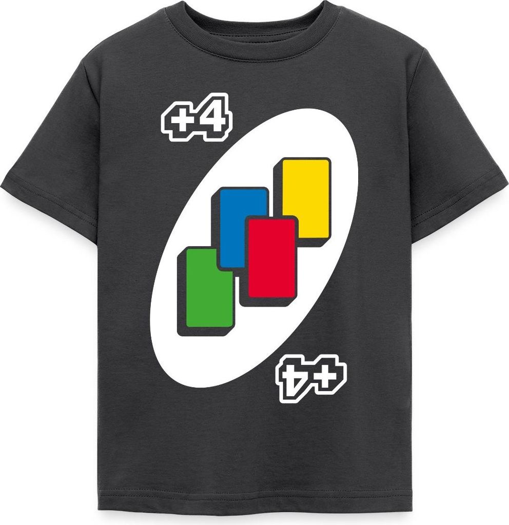 Spreadshirt UNO +4 Design Vier-Ziehen-Karte Kinder T-Shirt, 98/104 (3-4 Jahre), Dunkelgrau