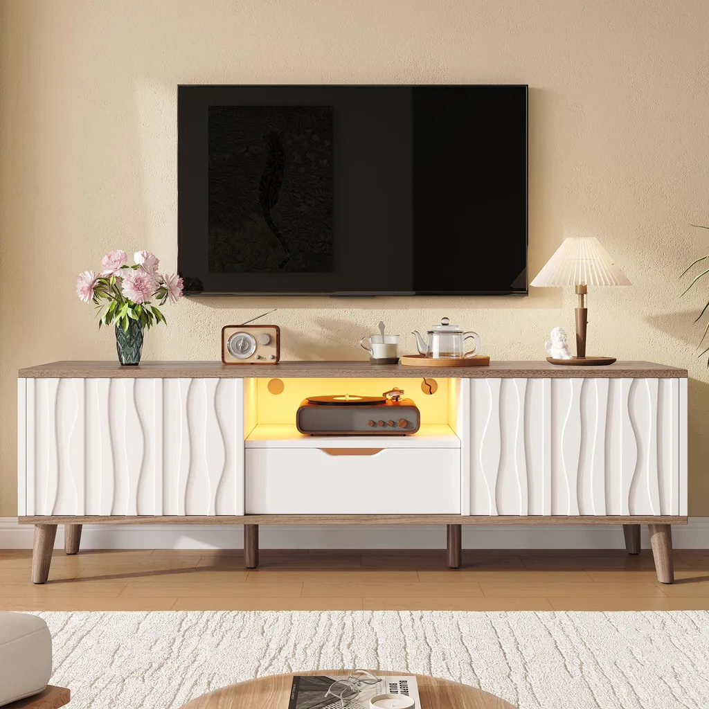 Banc TV multimédia 160cm avec éclairage LED et finitions noyer foncé