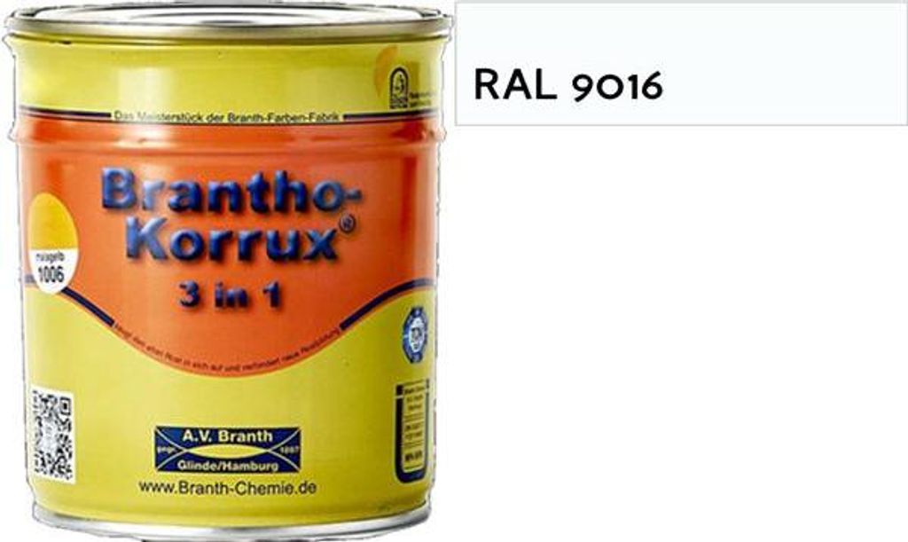 5l Brantho Korrux 3in1 RAL 9016 verkehrsweiß Rostschutz Metallschutzfarbe weiß seidenglänzend
