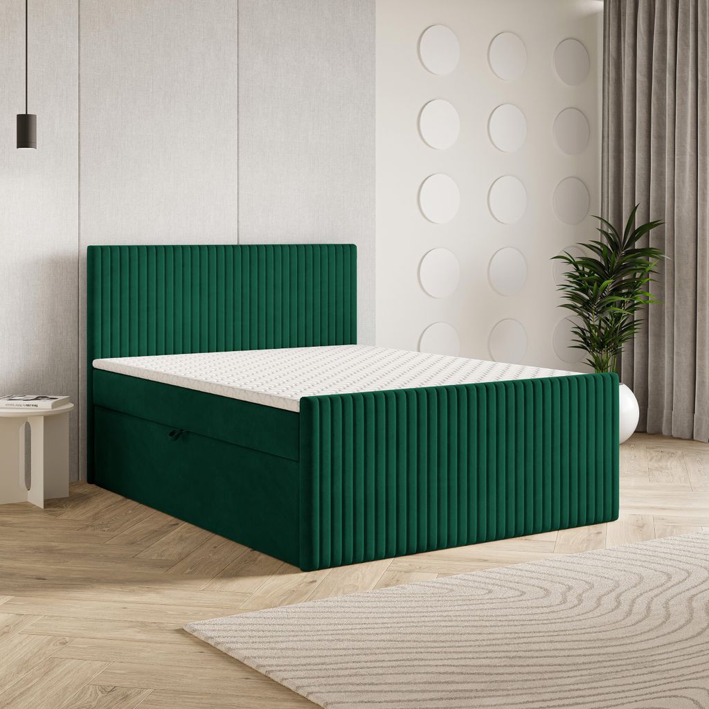 Masseno Boxspringbett TERVAN 160x200 cm Komplett-Set mit Bonell Matratze und Topper, Polsterbett mit Bettkästen -Grün, KRONOS 19