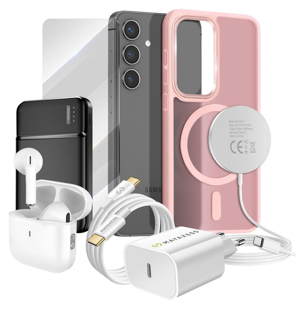 Mayaxess, Elite-Paket für Galaxy S24 Hülle, Schutzglas, Ladegeräte, Powerbank, MagSafe, Bluetooth-Kopfhörer, Rosa