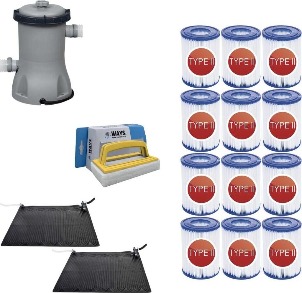 WAYS - Poolpflege - 2x Solarmat & Filterpumpe 2006 L/h & 12 Filter Typ II & WAYS Scheuerbürste