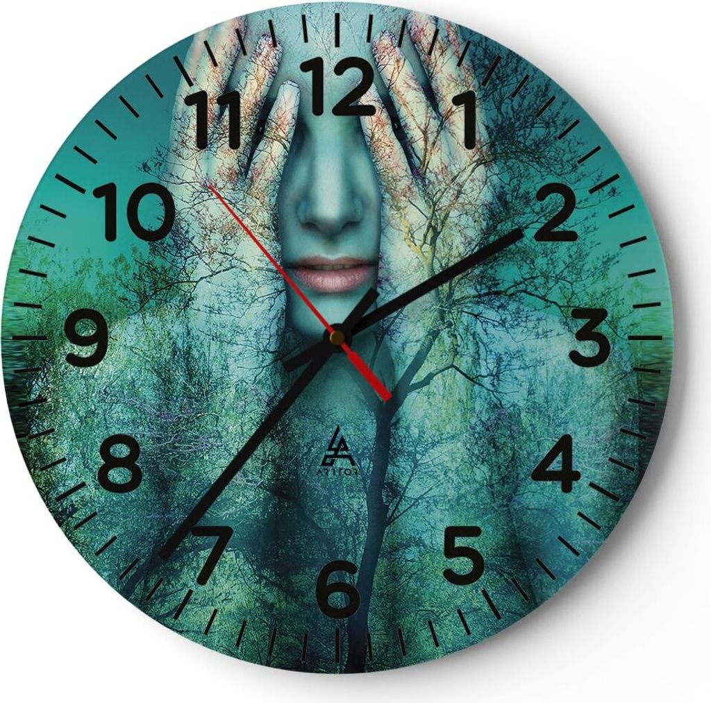Wanduhr - Rund - Glasuhr - Frau Natur Grafik - 30x30cm - Schleichendes Uhrwerk - Lautlos - zum Aufhängen bereit - Dekoration Modern - Wanddekorati...