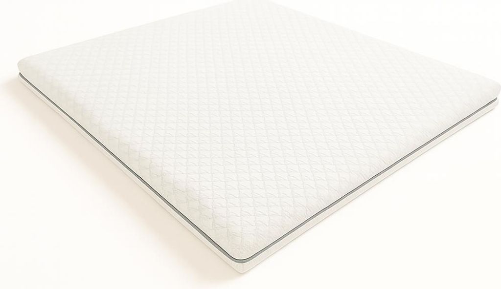 A white mattress topper with a quilted pattern and a gray trim is shown from a diagonal angle against a white background.