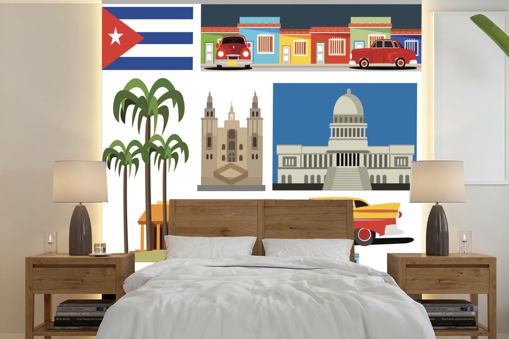 MuchoWow Fototapete für Wohnzimmer oder Schlafzimmer Wandtapete Vinyl Motivtapete Eine Collage über die Insel Kuba in einer Illustration - 350x...
