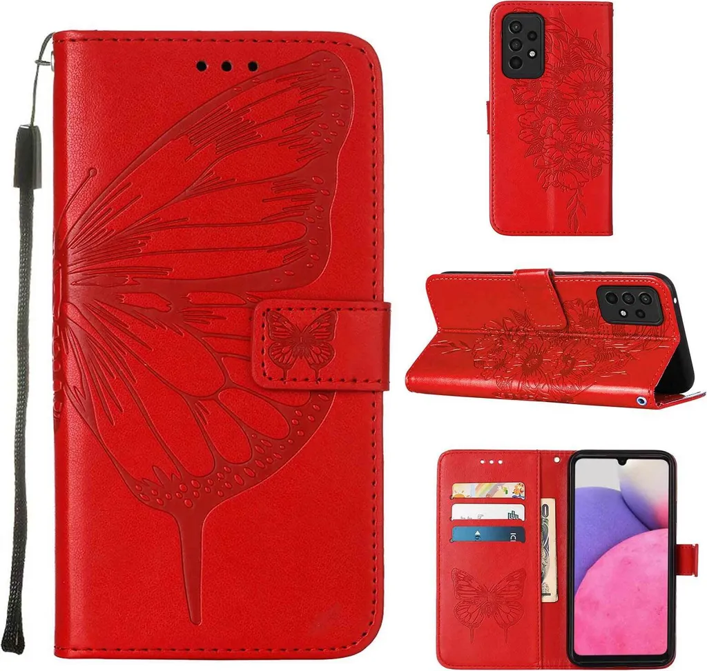 Custodia Samsung Galaxy A33 5G Pelle Rossa Farfalla in Rilievo Flip Case