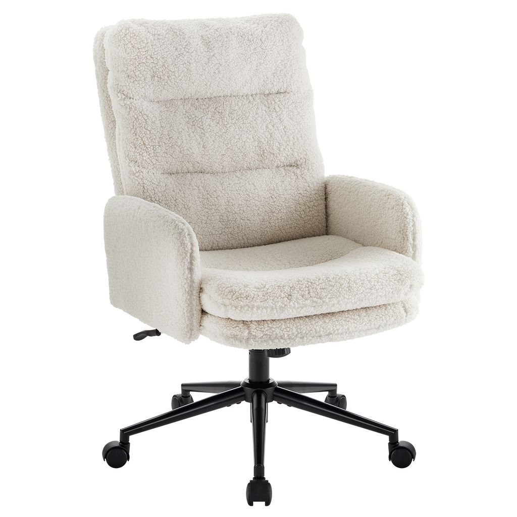 A white fluffy office chair with a black base and wheels, shown from a front-diagonal angle against a white background.