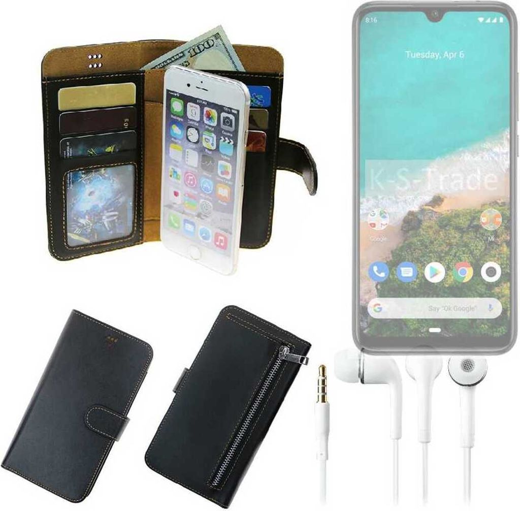 TOP SET Handy Hülle Schutz Hülle kompatibel mit Xiaomi Mi A3 schwarz aus Kunstleder + Kopfhörer Smartphone Tasche vollwertige Geldbörse