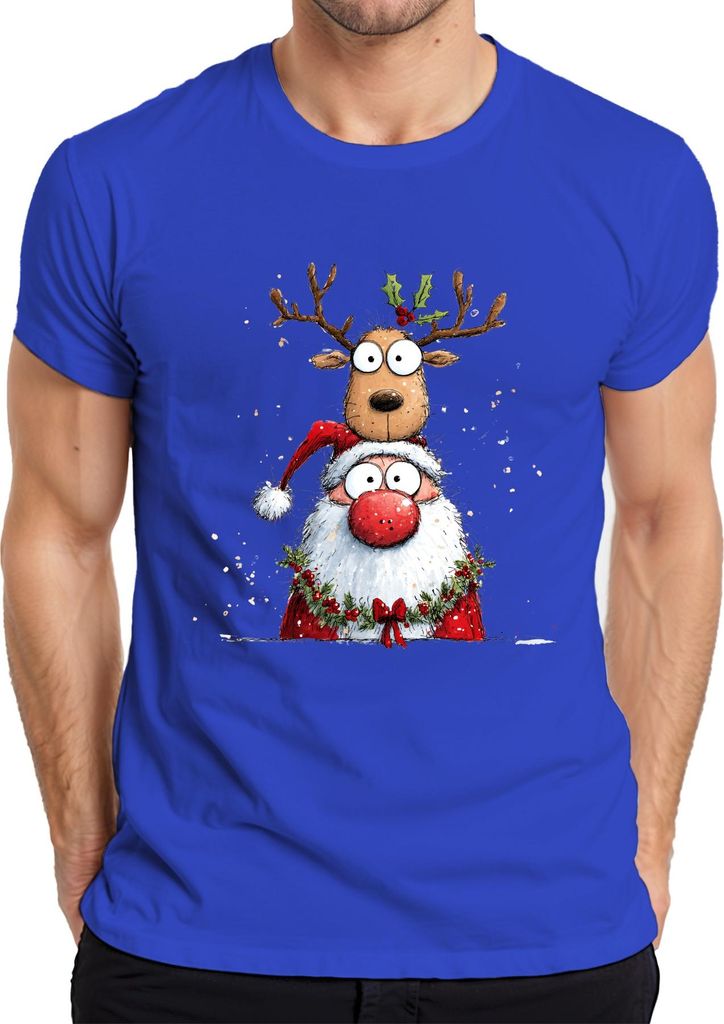 Weihnachtsmann Rentier Cartoon lustig Weihnachten Geschenk Kinder Herren T-Shirt, Blau, 3XL