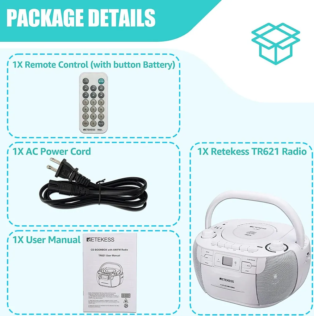 Radio CD Cassette Portable Stéréo avec Port USB et Télécommande - Blanc