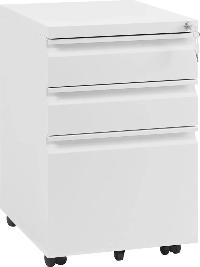 Caisson de bureau métal blanc verrouillable 3 tiroirs avec roulettes