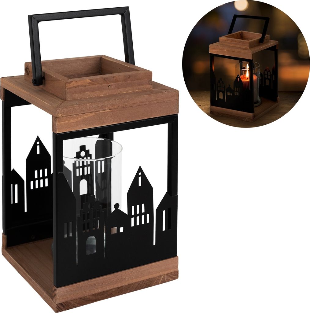 ECD Germany Gartenlaterne mit Kerzenständer und Henkel, 14x22 cm, Natur/Schwarz, aus Holz, Stadt Muster, Windlicht Deko-Laterne, Gartenwindlicht H...