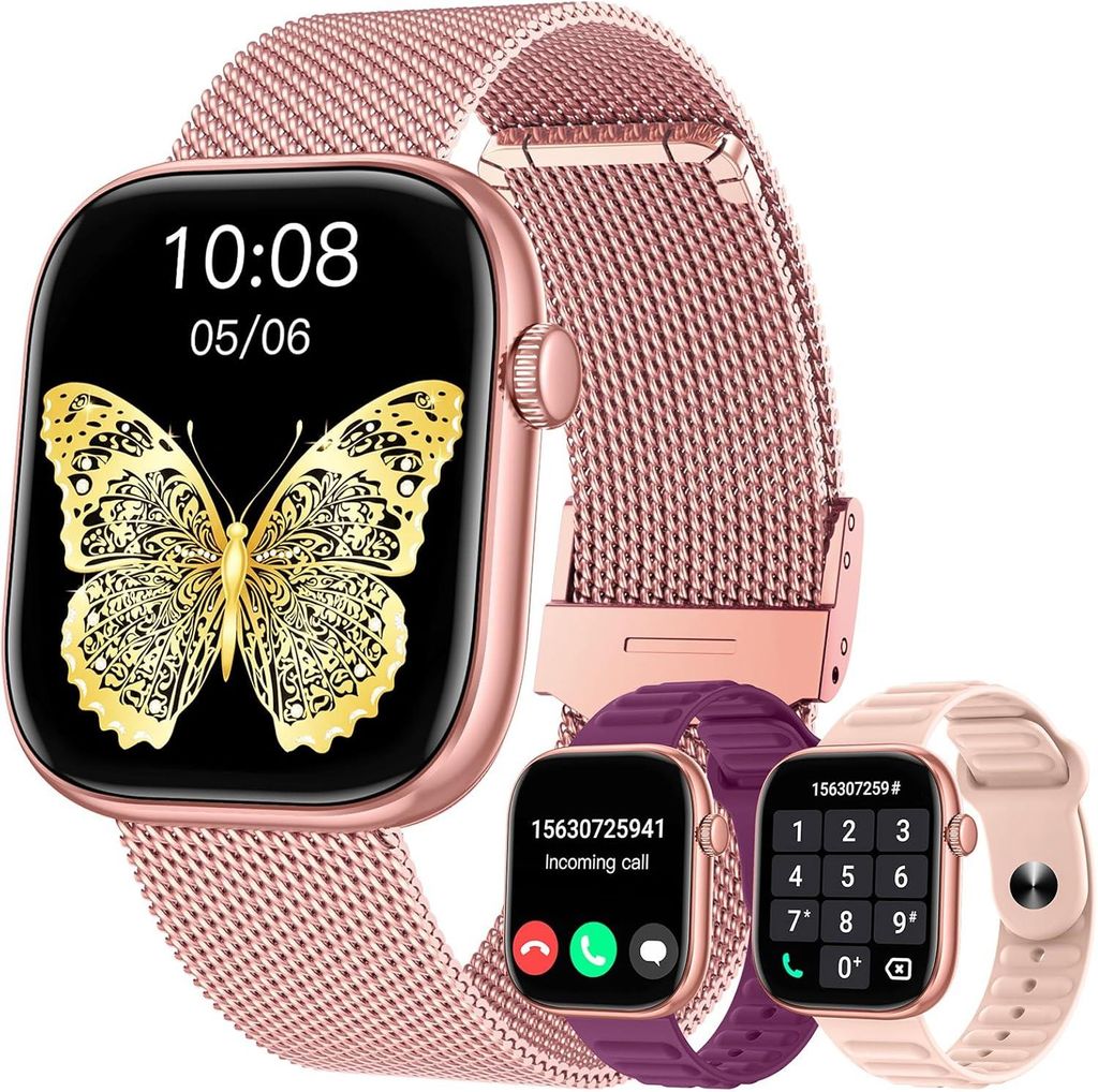 Smartwatch Damen, Frauen mit Metallarmband Telefonfunktion Wasserdicht Herzfrequenz Schlaf Sport Fitnessuhr Schrittzähler 1,83" Eckig Touchscreen