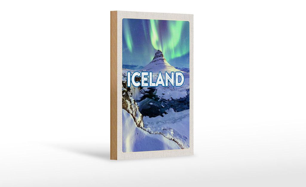Holzschild Reise 12x18 cm Iceland Iselstaat Polarlicht Geschenk