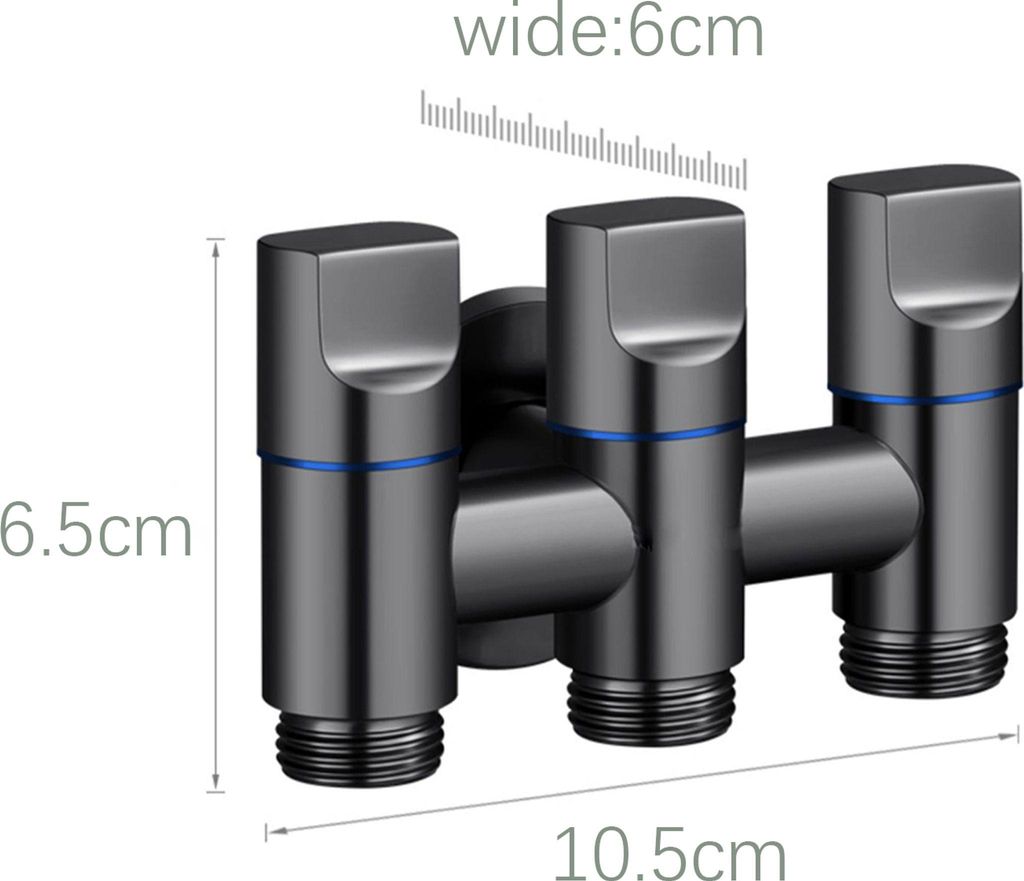 A close-up of a three-way faucet splitter with dimensions indicated.