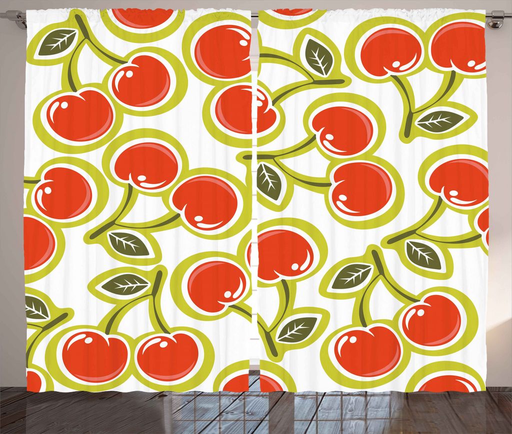 ABAKUHAUS Obst Rustikaler Vorhang, Kirsche und Blätter-Muster, Wohnzimmer Universalband Gardinen mit Schlaufen und Haken, 280 x 175 cm, Apfelgrün...