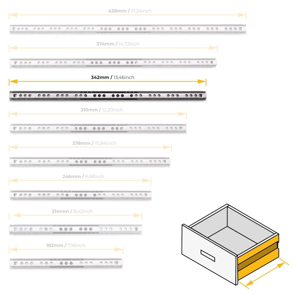 Emuca Schubladenführungen, Teilauszug mit Rollen 17mm x 342mm, 5 Sets (10 Stück)