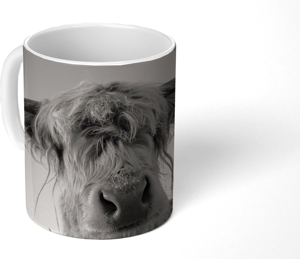 MuchoWow Tasse Kaffeetasse Kaffeebecher 350 ml Schottisches Hochlandrind - Schwarz - Weiß - Tiere Teetasse - Fototasse - Becher - Keramikbecher ...