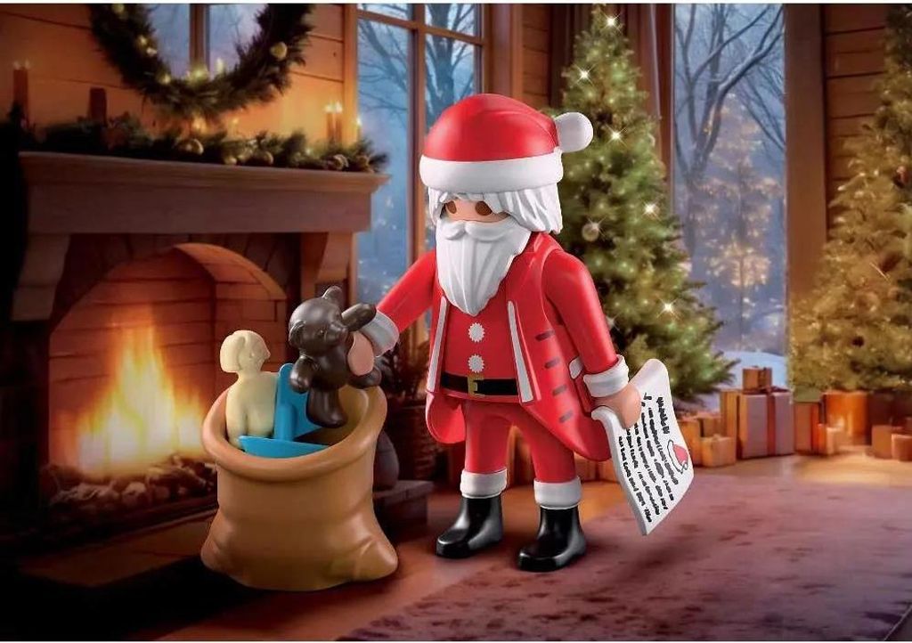 Santa Claus in a festive living room with a fireplace, Christmas tree, and gifts.