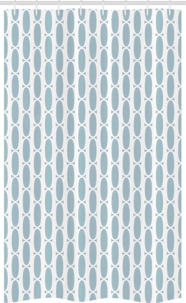 ABAKUHAUS Retro Schmaler Duschvorhang, Vintage 60er Runde Kette, Badezimmer Deko Set aus Stoff mit Haken, 120 x 180 cm, Babyblau Weiß
